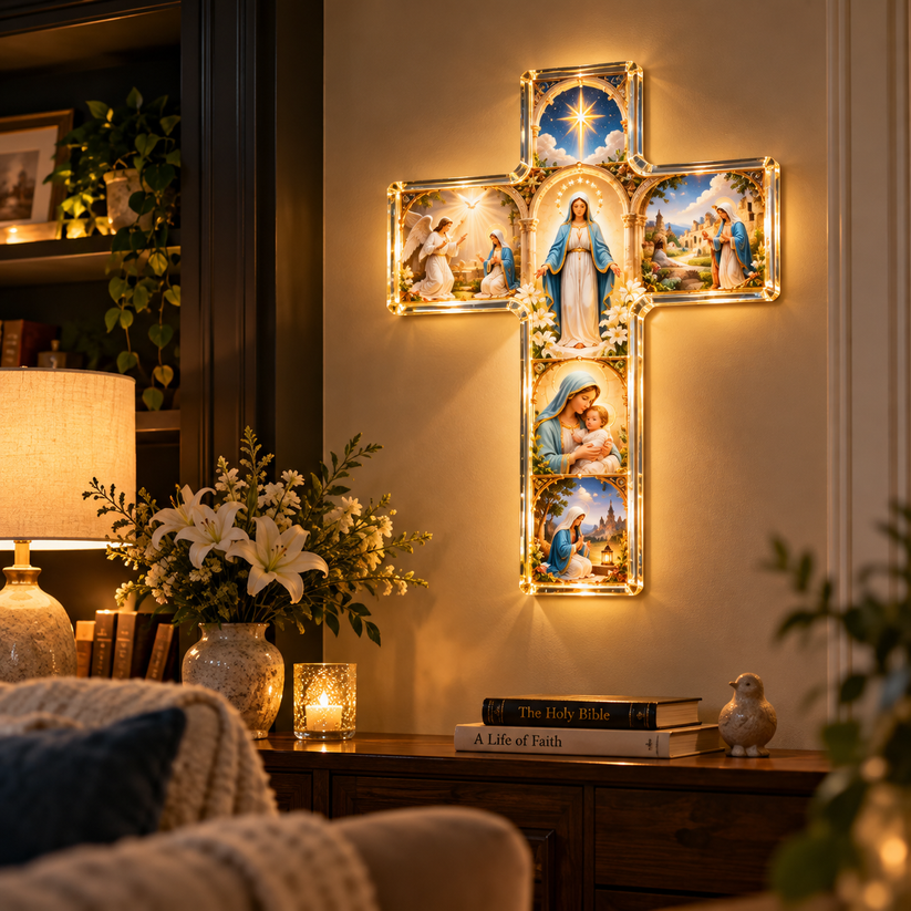 Illuminated Mary Cross displayed on a wall in a cozy room