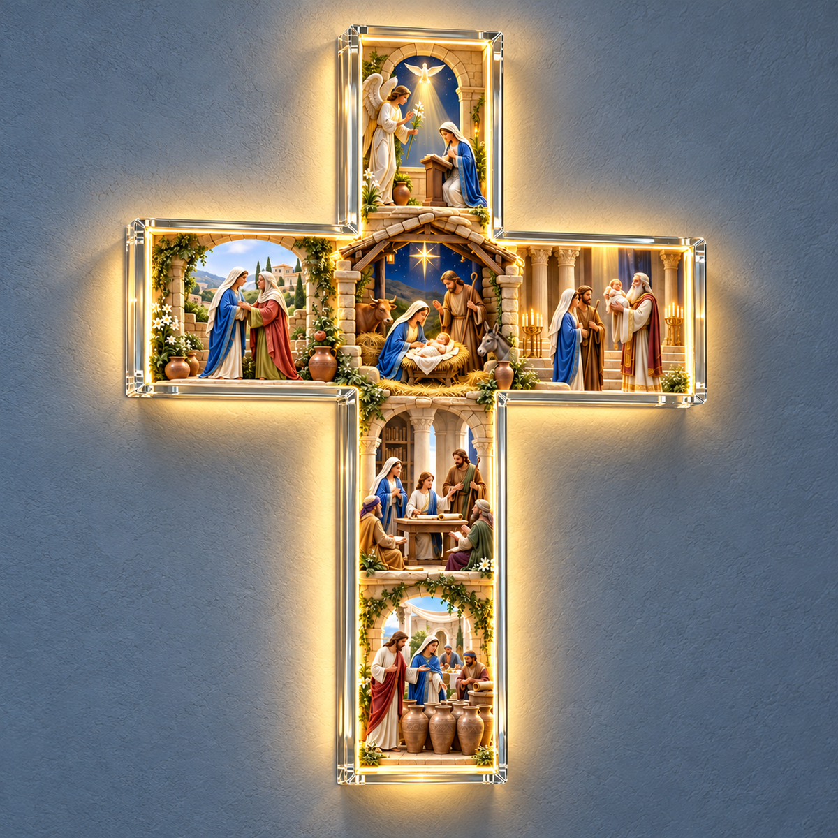 🙏 The Story of Mary™ Illuminated Wall Cross – 6 Sacred Scenes of the Virgin Mary’s Life | Meaningful Catholic Decor & Gift