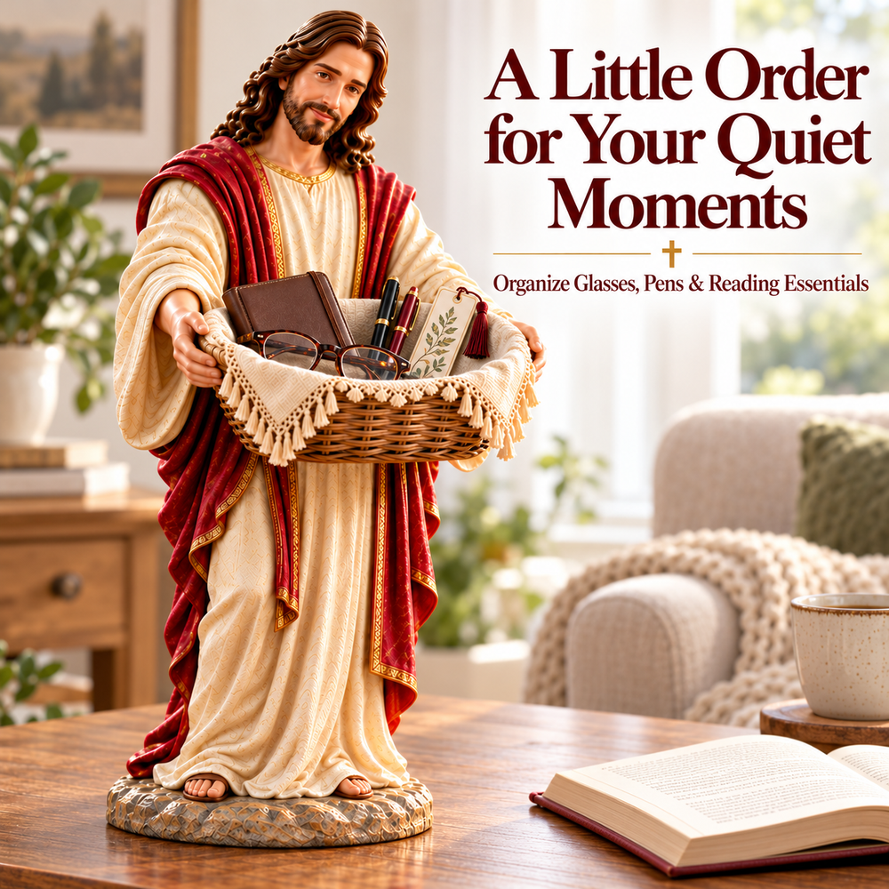 Jesus basket holding keys, a wallet and daily essentials