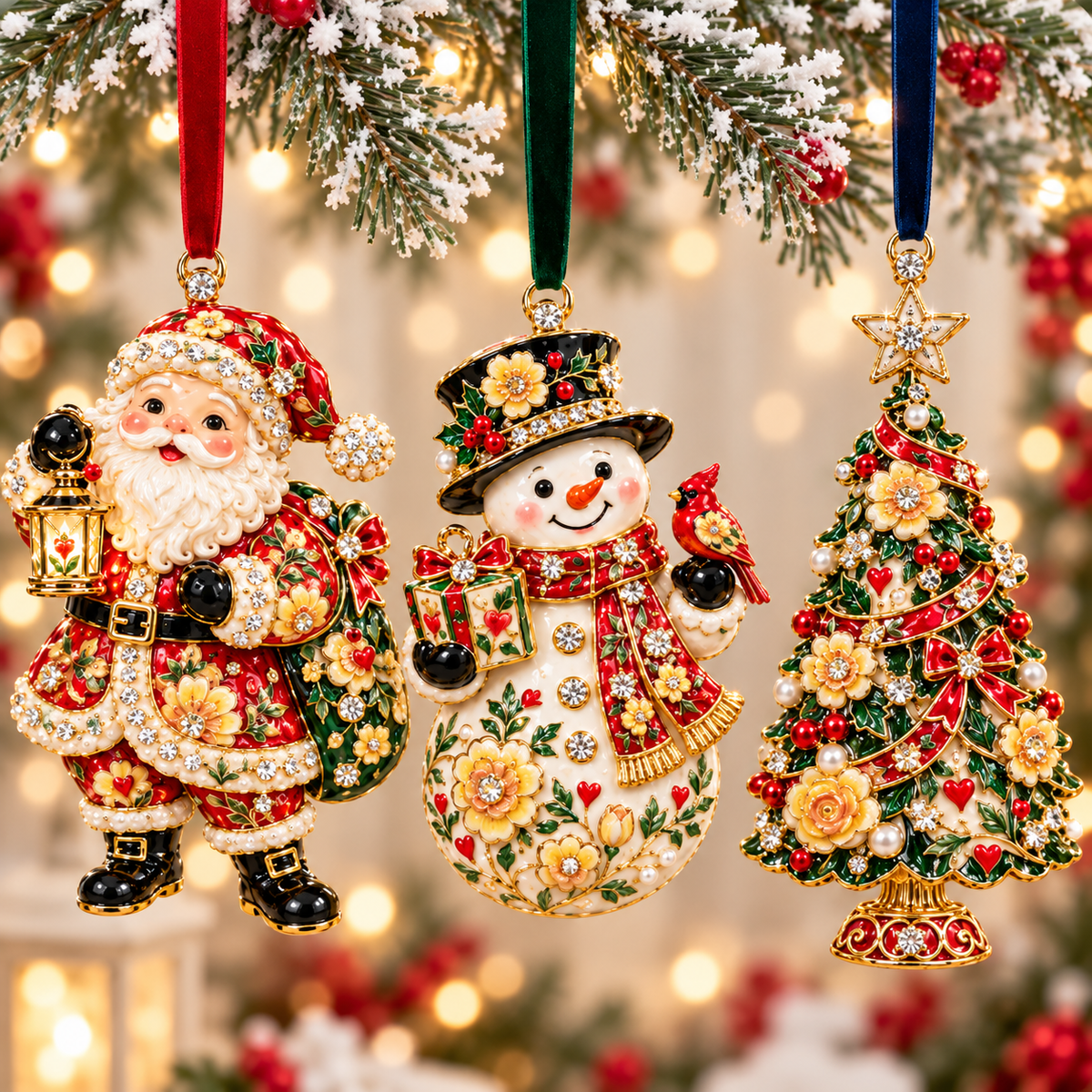🎄 Jeweled Christmas Trio™ – Santa, Snowman & Christmas Tree Enamel Ornament Set of 3