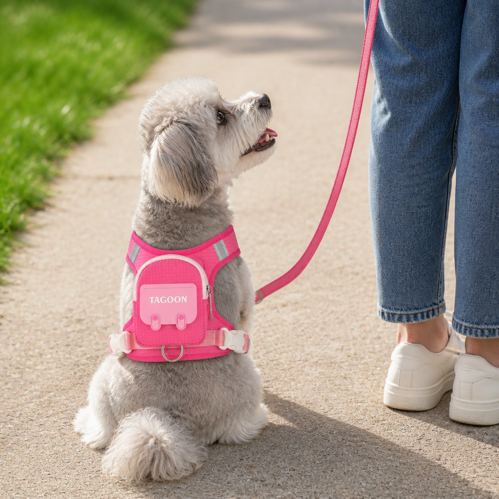 Tuig met opbergvak roze, hond zit op pad en kijkt op naar eigenaar tijdens wandeling met lijn