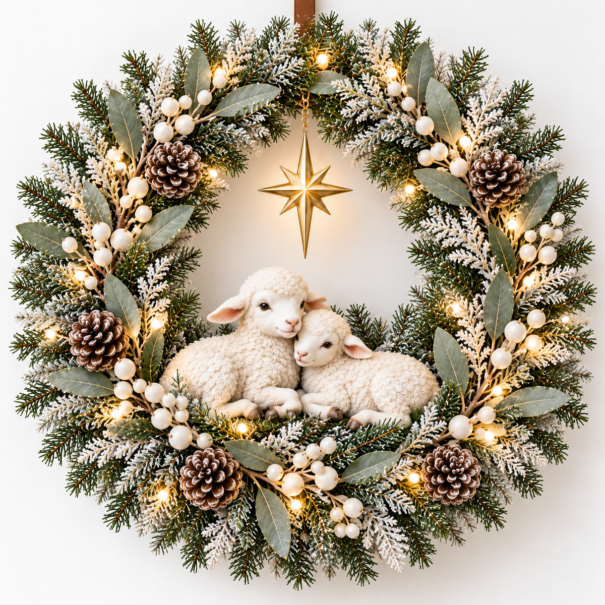 ✝️🕊️ Peace Be With You™ – Lighted Christmas Wreath with Two White Doves, Frosted Olive Branches & Hanging Cross