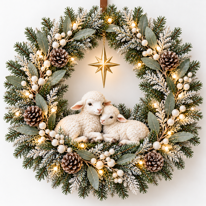 ✝️🕊️ Peace Be With You™ – Lighted Christmas Wreath with Two White Doves, Frosted Olive Branches & Hanging Cross