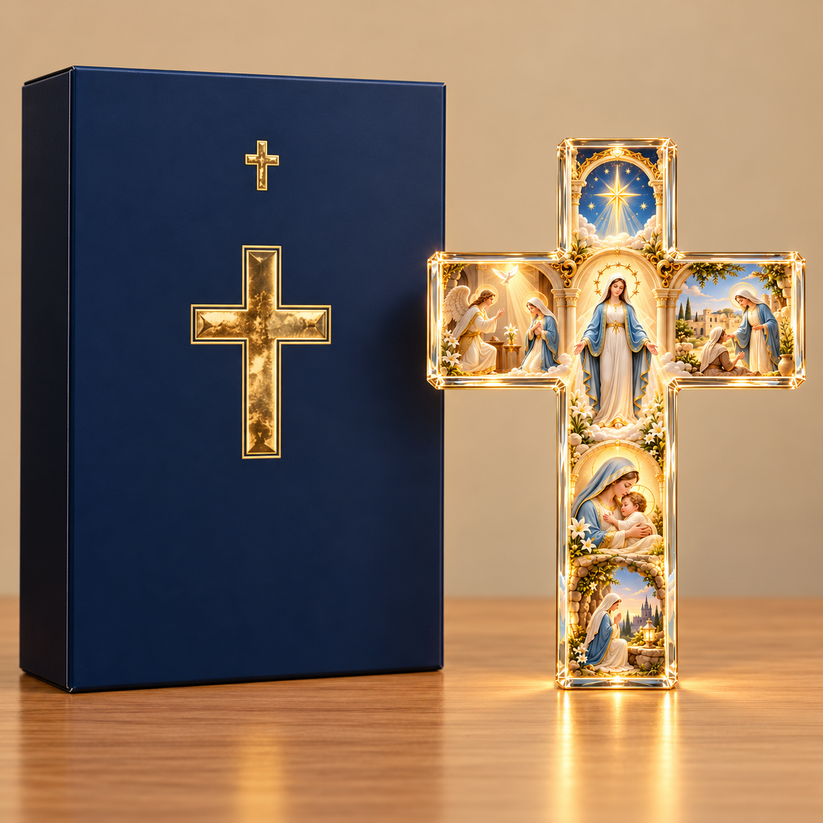 Virgin Mary Cross displayed beside elegant navy gift packaging