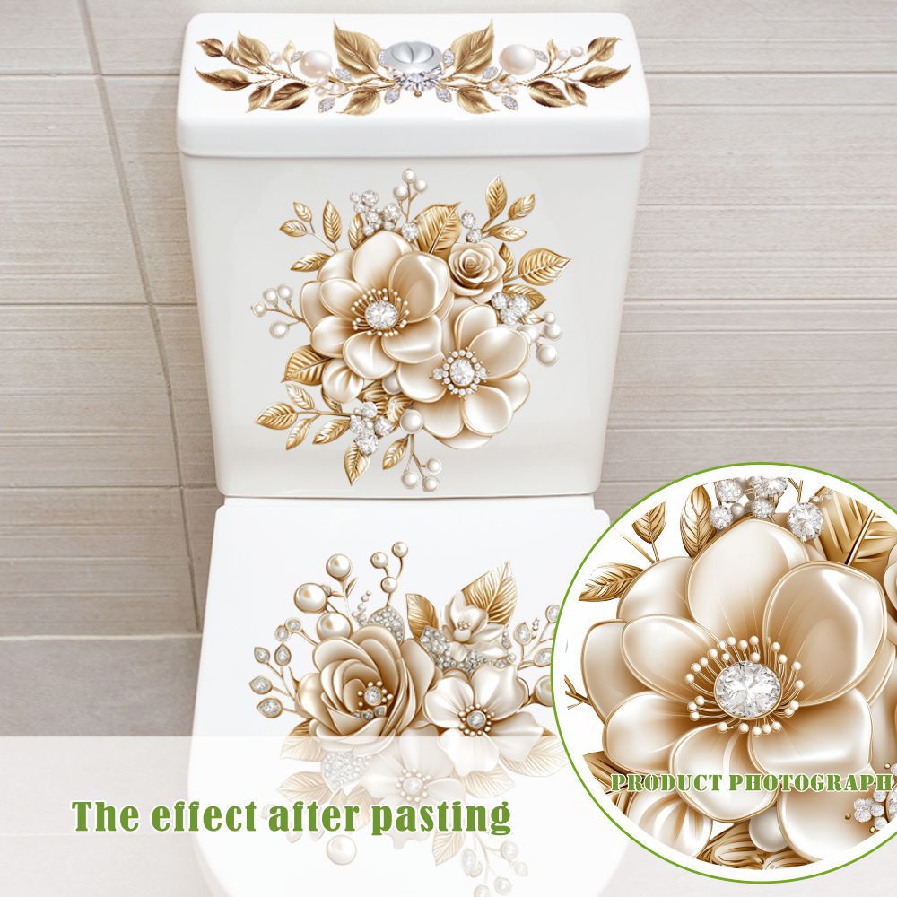🔥 Limited-Time 49% OFF 🌸3 Piece Golden Floral Toilet Stickers – Pearl-Inspired Bathroom Decals