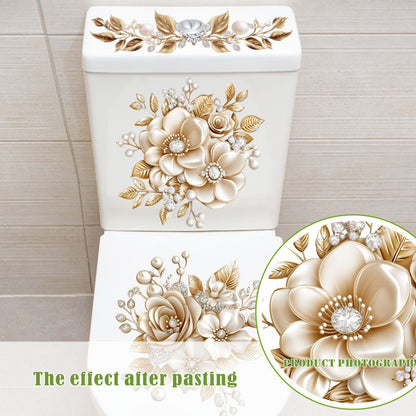 🔥 Limited-Time 49% OFF 🌸3 Piece Golden Floral Toilet Stickers – Pearl-Inspired Bathroom Decals