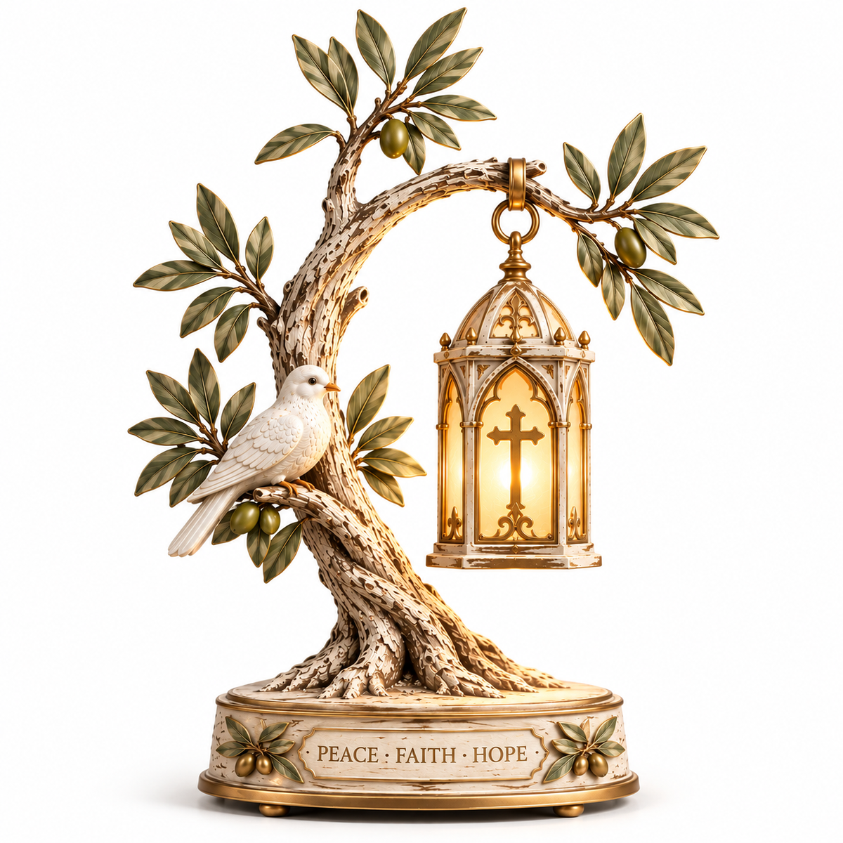 Promise of Peace™ – Lighted Olive Tree with White Dove & Hanging Cross Lantern | Christian Faith Home Decor 🕊️✨