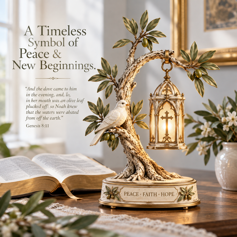 Promise of Peace illuminated olive tree with white dove and cross lantern beside an open Bible