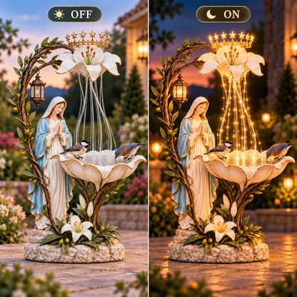 Blessed Mother Lilyfall™ – Lighted Marian Garden Birdbath with Cascading LED Glow
