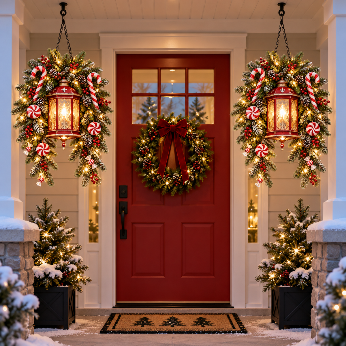 A couple admiring two poinsettia Christmas lanterns beside their front door