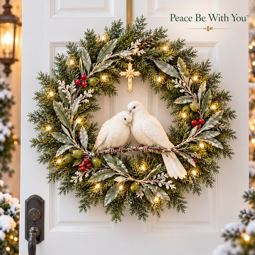 Peace Be With You lighted Christmas wreath with two white doves and hanging cross
