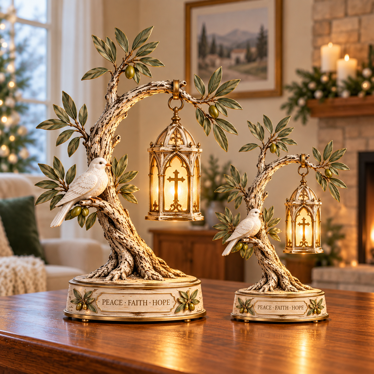 Promise of Peace™ – Lighted Olive Tree with White Dove & Hanging Cross Lantern | Christian Faith Home Decor 🕊️✨