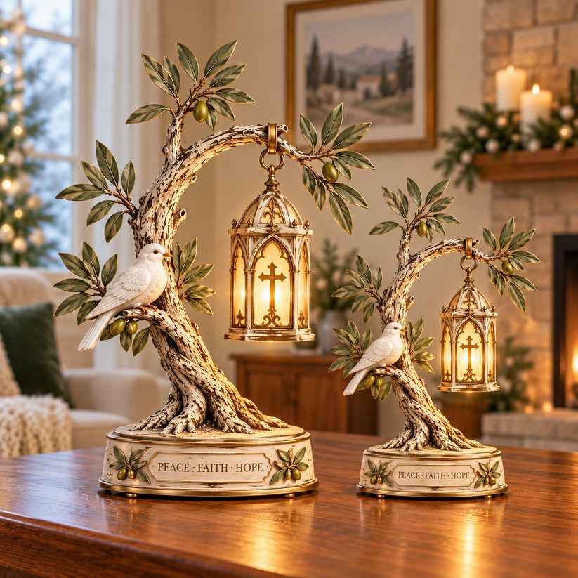 Promise of Peace olive tree cross lantern decorations in large and small sizes displayed together