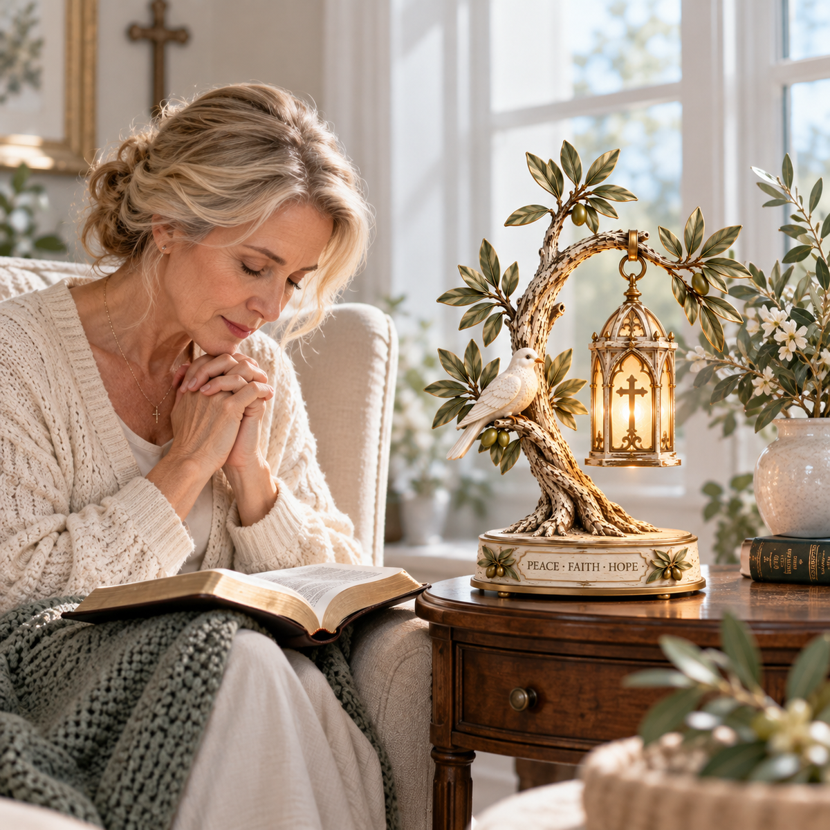 Promise of Peace™ – Lighted Olive Tree with White Dove & Hanging Cross Lantern | Christian Faith Home Decor 🕊️✨