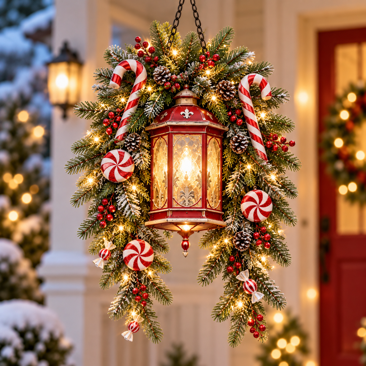 Poinsettia and Holly Christmas hanging lantern with red flowers, berries and evergreen branches