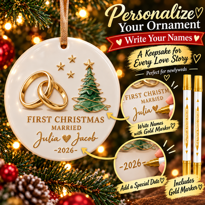 💍 Our First Christmas Married™ – Personalized Wedding Keepsake Ornament with Gold Marker