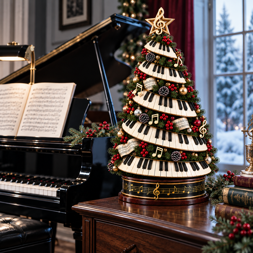 Piano key Christmas tree with musical ornaments beside a winter window