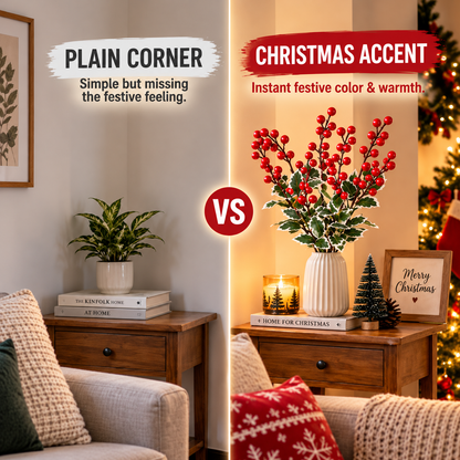 🎄 Christmas Holly Berry Stems – Realistic Red Berries & Variegated Greenery | Artificial Christmas Floral Picks for Vase Arrangements, Table Centerpieces & Festive Home Decor