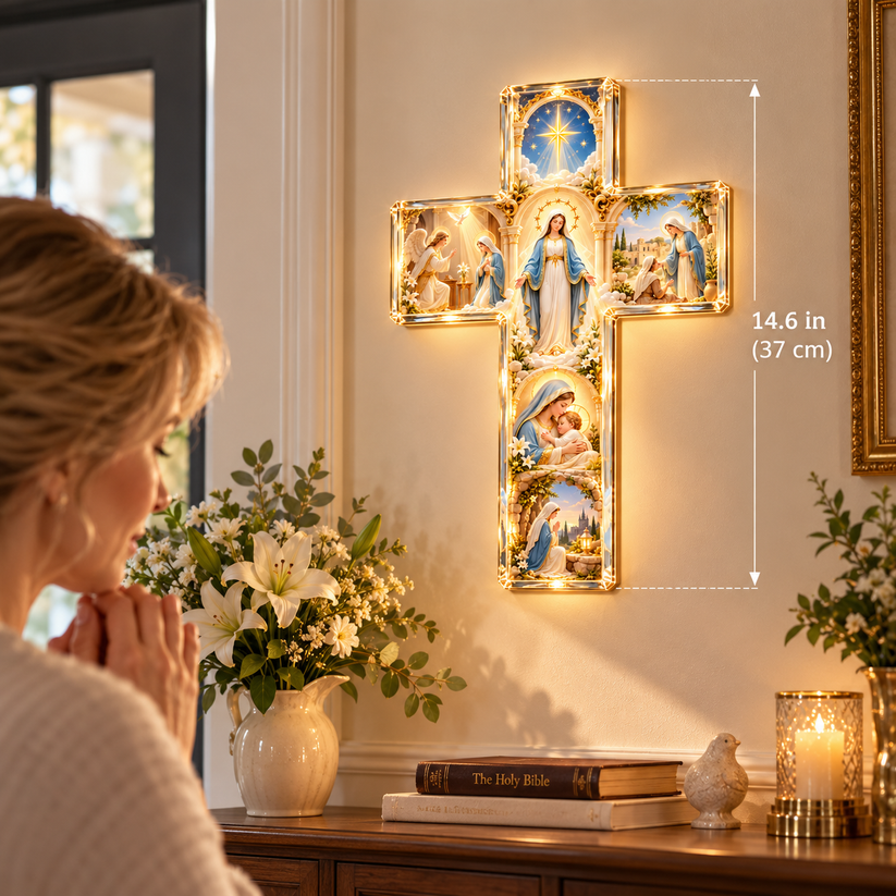 Virgin Mary Cross glowing softly in a peaceful home setting