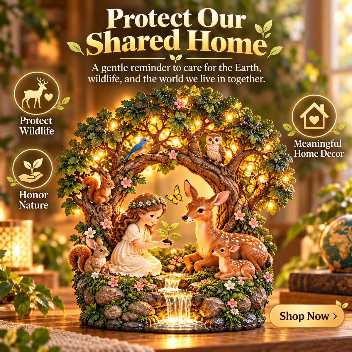 🌍The World We Share™ – Lighted Woodland Wildlife Sculpture, Deer & Forest Animal Tabletop Decor