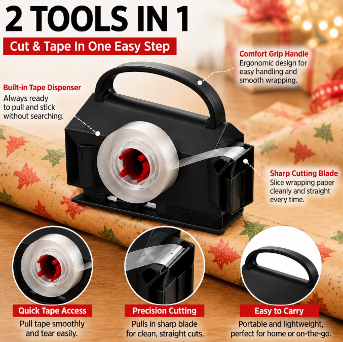 🎁✂️ 2-in-1 Wrapping Paper Cutter & Tape Dispenser – Faster Gift Wrapping Tool🎄✂️