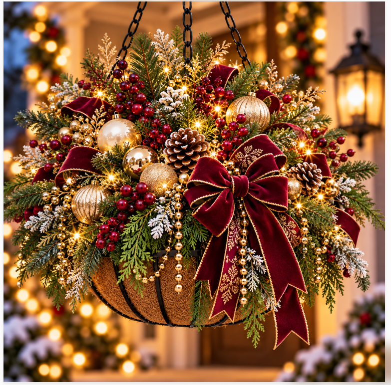 Burgundy Christmas Luxe hanging basket