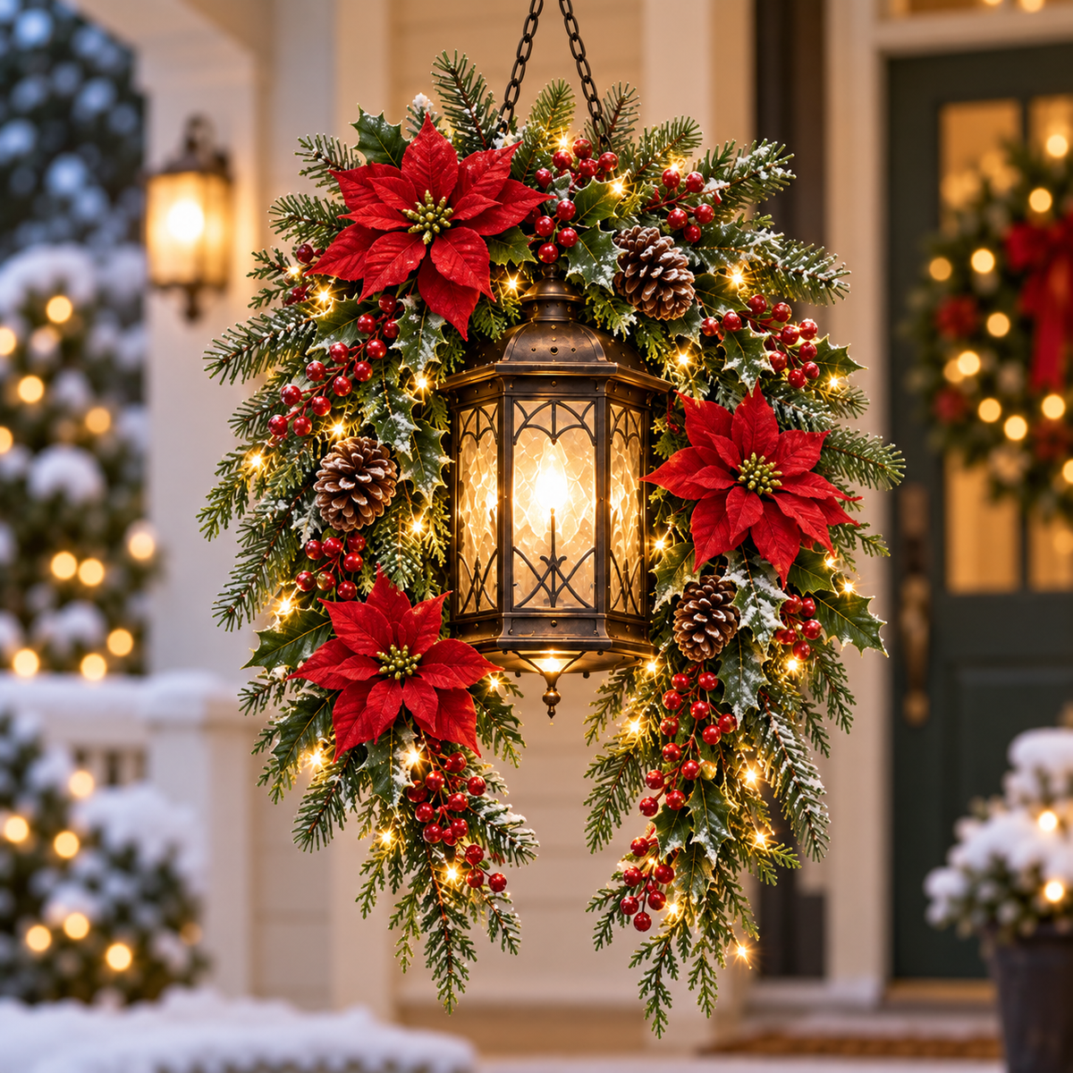 Frosted Snowflake Christmas hanging lantern with a snowflake motif and frosted greenery