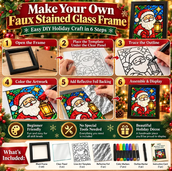 ⏳ Last Day 49% Off – 🎄beginner-friendly Christmas Stained Glass-style Frame Kit | 8 Festive Designs With Pens, Foil & Frame ✨