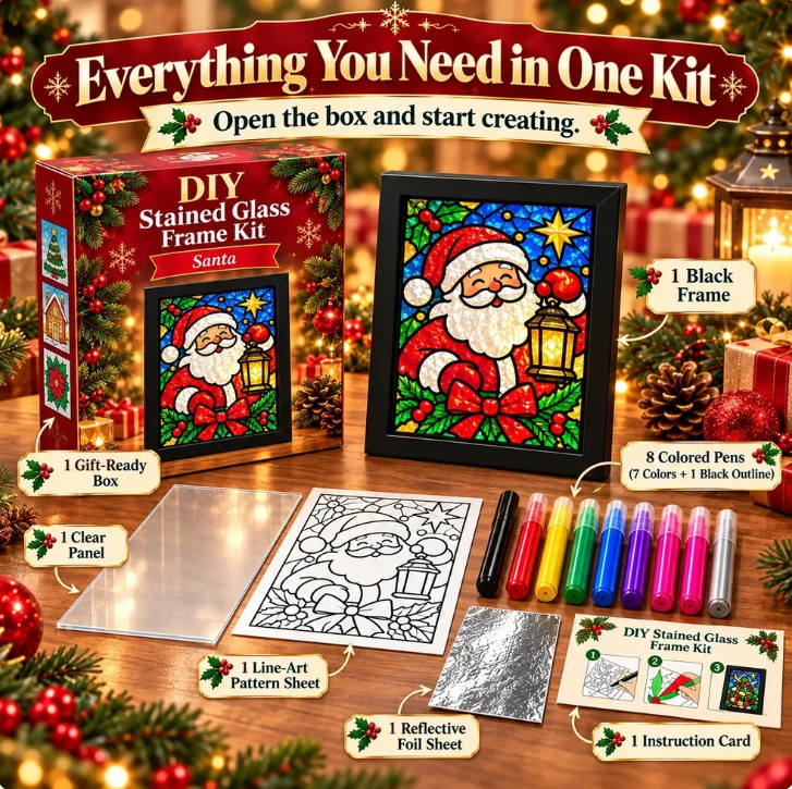 ⏳ Last Day 49% Off – 🎄beginner-friendly Christmas Stained Glass-style Frame Kit | 8 Festive Designs With Pens, Foil & Frame ✨