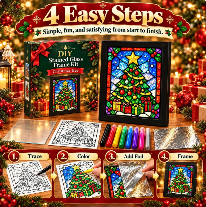 ⏳ Last Day 49% Off – 🎄beginner-friendly Christmas Stained Glass-style Frame Kit | 8 Festive Designs With Pens, Foil & Frame ✨