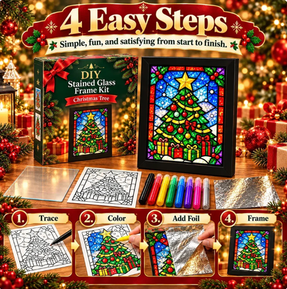 ⏳ Last Day 49% Off – 🎄beginner-friendly Christmas Stained Glass-style Frame Kit | 8 Festive Designs With Pens, Foil & Frame ✨