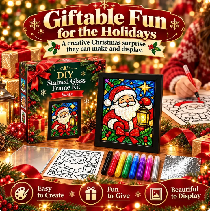 ⏳ Last Day 49% Off – 🎄beginner-friendly Christmas Stained Glass-style Frame Kit | 8 Festive Designs With Pens, Foil & Frame ✨
