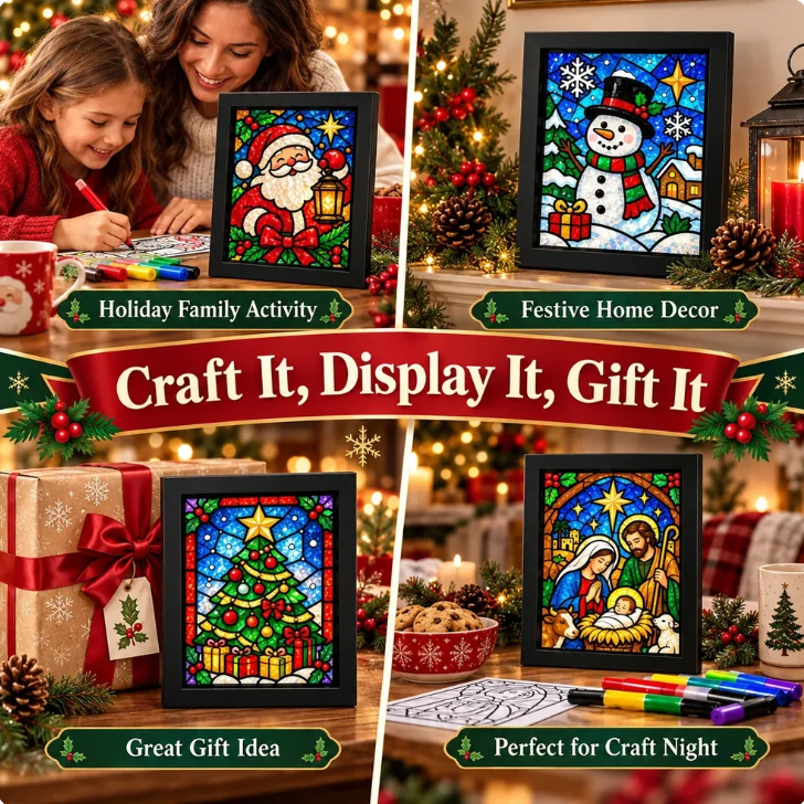 ⏳ Last Day 49% Off – 🎄beginner-friendly Christmas Stained Glass-style Frame Kit | 8 Festive Designs With Pens, Foil & Frame ✨