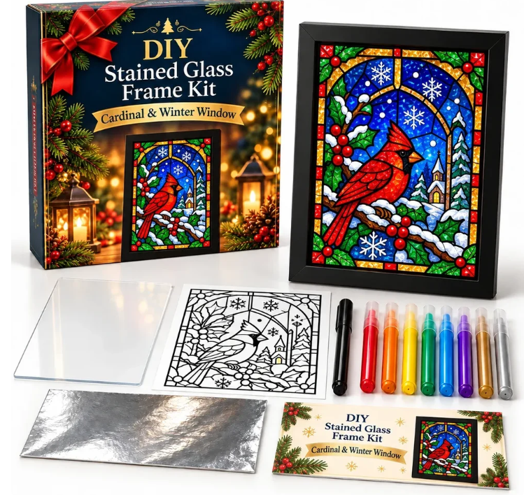 ⏳ Last Day 49% Off – 🎄beginner-friendly Christmas Stained Glass-style Frame Kit | 8 Festive Designs With Pens, Foil & Frame ✨