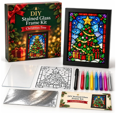 ⏳ Last Day 49% Off – 🎄beginner-friendly Christmas Stained Glass-style Frame Kit | 8 Festive Designs With Pens, Foil & Frame ✨