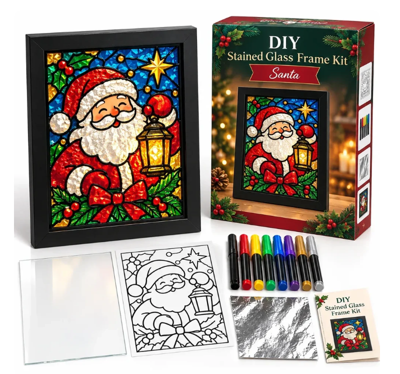 ⏳ Last Day 49% Off – 🎄beginner-friendly Christmas Stained Glass-style Frame Kit | 8 Festive Designs With Pens, Foil & Frame ✨