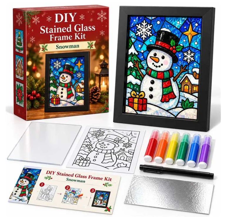 ⏳ Last Day 49% Off – 🎄beginner-friendly Christmas Stained Glass-style Frame Kit | 8 Festive Designs With Pens, Foil & Frame ✨