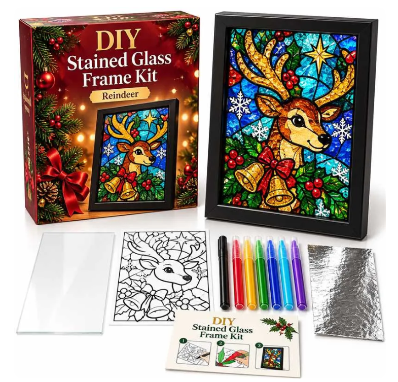 ⏳ Last Day 49% Off – 🎄beginner-friendly Christmas Stained Glass-style Frame Kit | 8 Festive Designs With Pens, Foil & Frame ✨