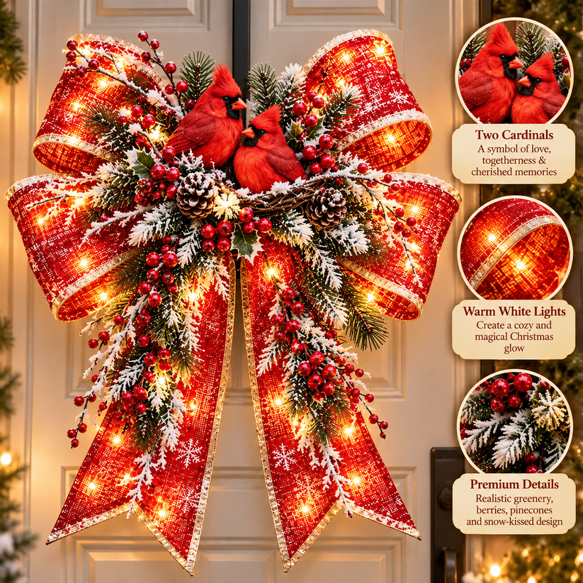 Oversized red cardinal Christmas bow on a snowy front door in natural daylight