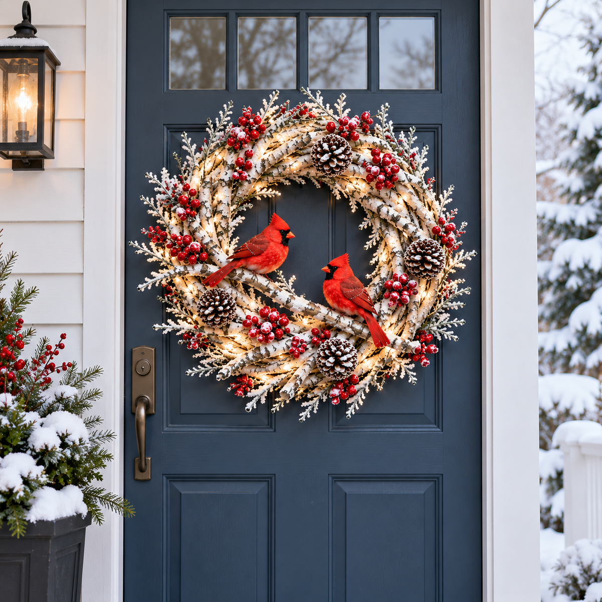 🔥 LAST DAY 49% OFF 🔥 Snowy Birch Cardinal Wreath™ – Lighted Christmas Door Wreath with Paired Red Cardinals, Berries & Pinecones ❤️🎄✨