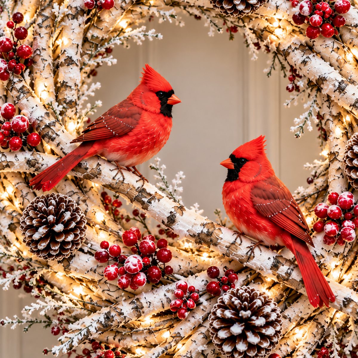 Close detail of paired red cardinal decorations, snowy birch textures, berries and pinecones
