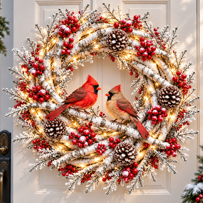 🔥 LAST DAY 50% OFF 🔥❤️🐦 Official Cardinals Together™ – Premium Lighted Snowy Birch Christmas Wreath with Male & Female Cardinals, Berries & Pinecones 🎄✨