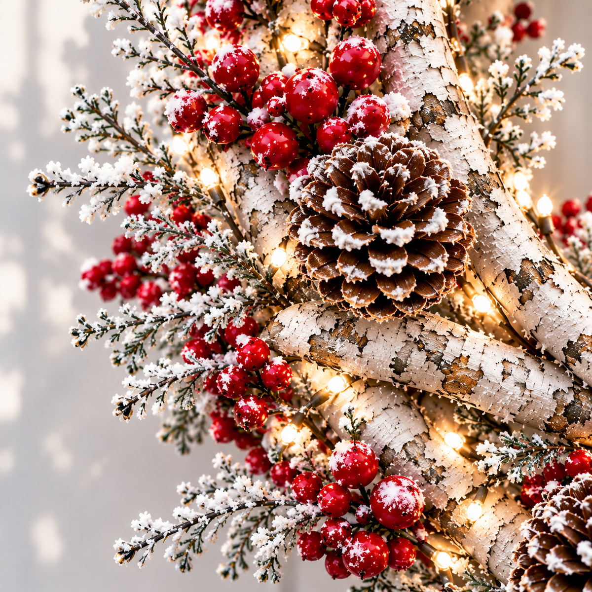 Snow-dusted pinecone, red berry accents, birch-style texture and warm lights