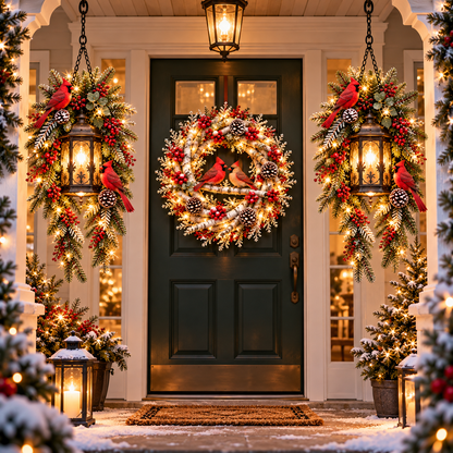 🐦❤️ Cardinals Welcome Home™ – 3-Piece Lighted Christmas Porch Decor Set | 20" Snowy Birch Wreath & 2 Hanging Cardinal Lanterns 🎄