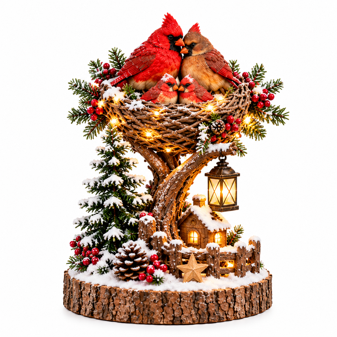 Cardinal family Christmas tabletop nest with snowy pine tree, lantern and cottage