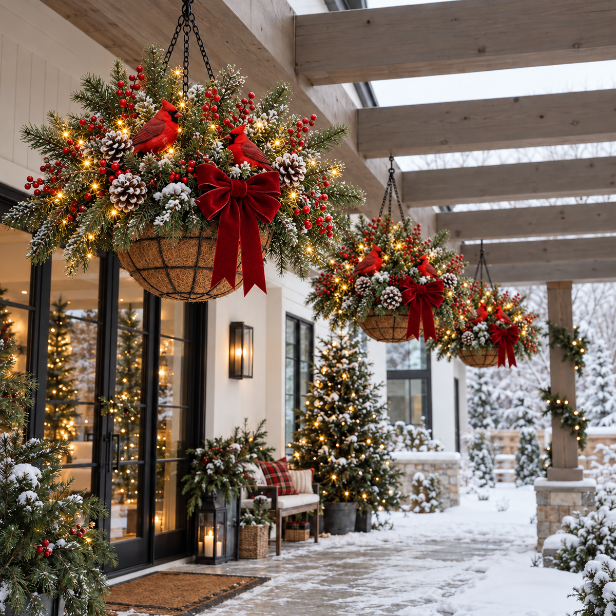 Snowy farmhouse porch with Christmas baskets