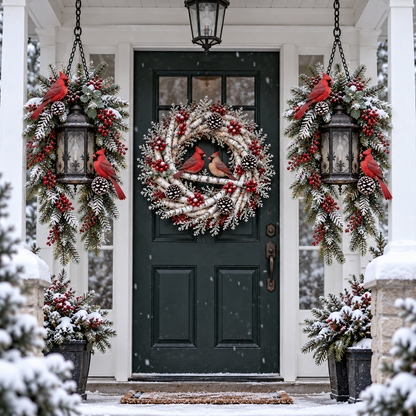 🐦❤️ Cardinals Welcome Home™ – 3-Piece Lighted Christmas Porch Decor Set | 20" Snowy Birch Wreath & 2 Hanging Cardinal Lanterns 🎄