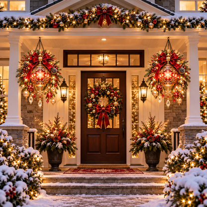 Royal Christmas Lantern™ Pre-Lit Festive Red & Gold Hanging Porch Decor