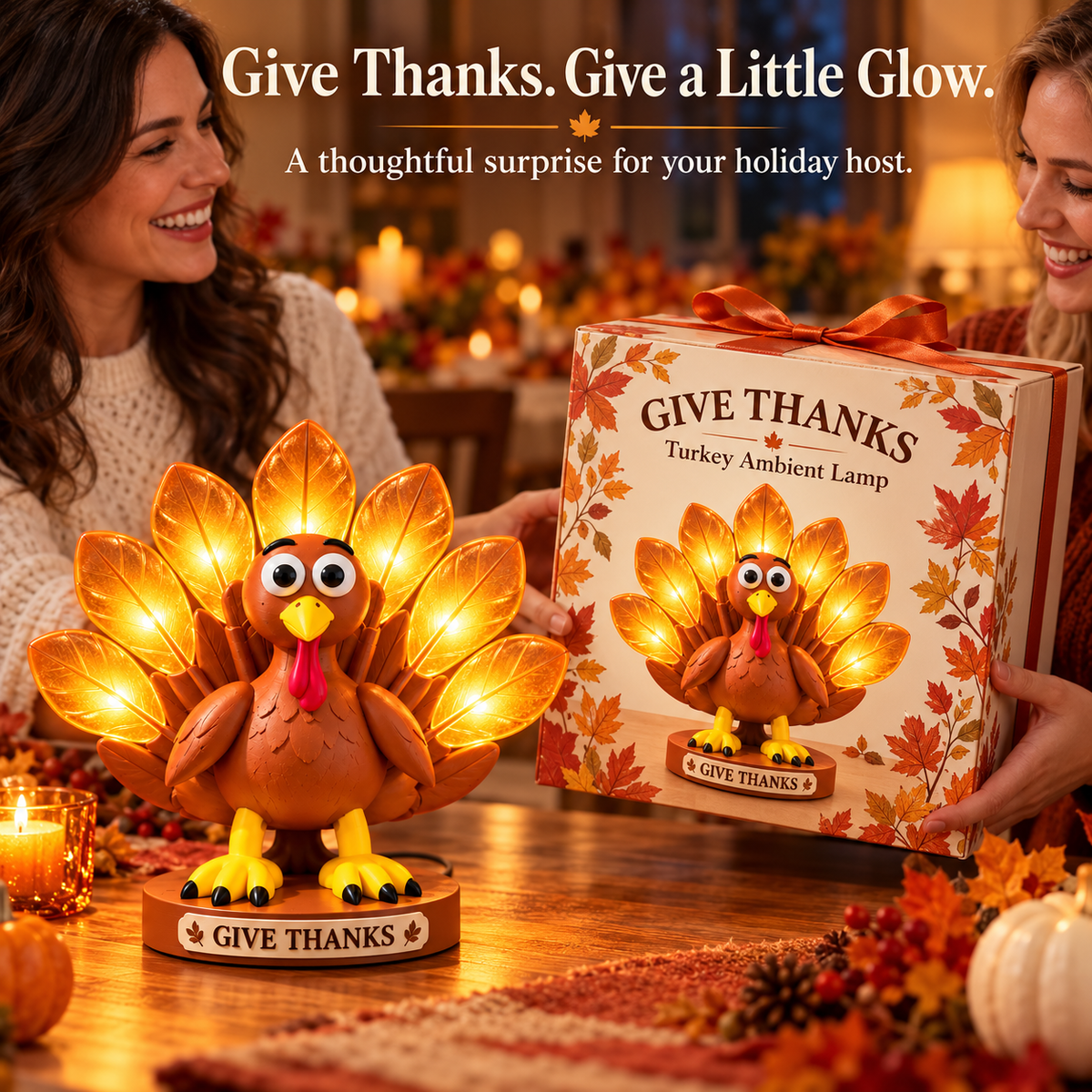🦃 Give Thanks Turkey Lamp – Glowing Feather Table Light for Cozy Fall & Thanksgiving Decor