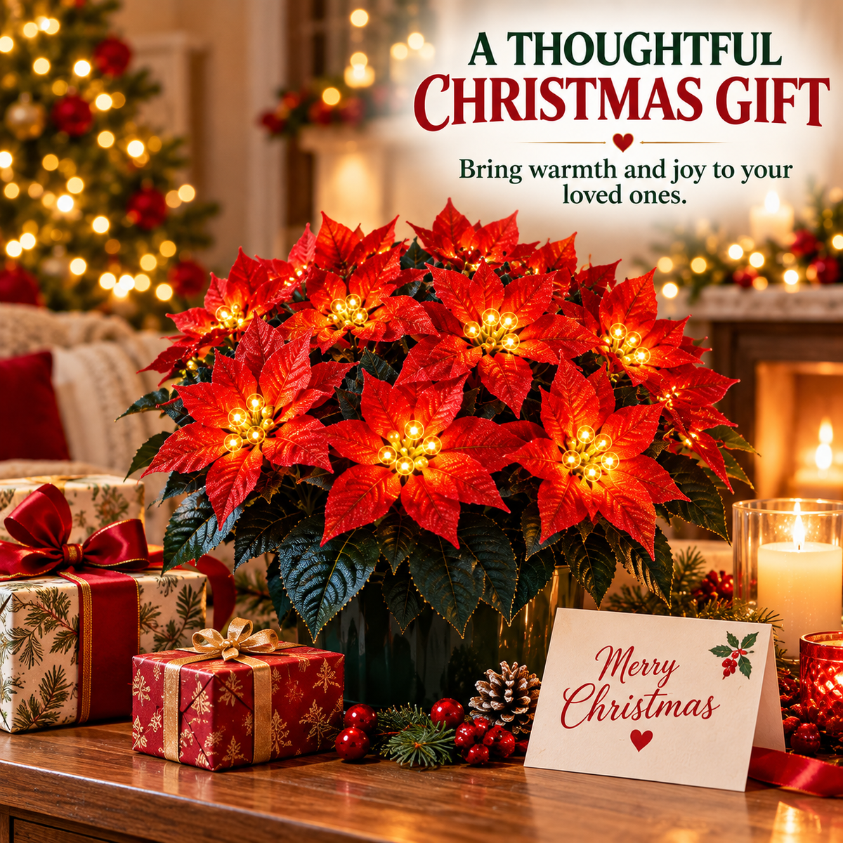 🎄 Lighted Christmas Poinsettia Arrangement™ – Glowing Red Poinsettia Flowers with Warm LED Lights | Realistic Artificial Christmas Floral Centerpiece for Table, Mantel & Holiday Home Decor ✨